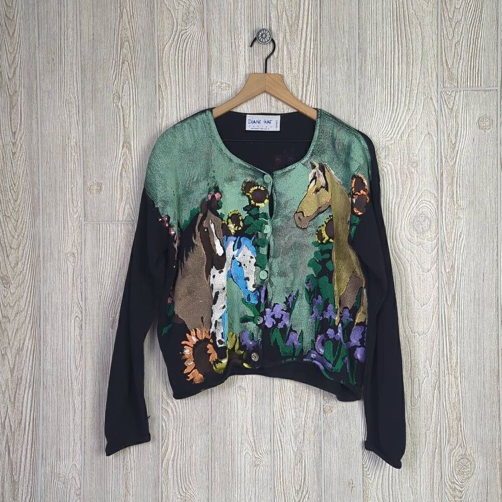Diane Wat Design Womens S/M Grannycore Handpainted Sweater Horse Theme Buttons - Picture 1 of 8